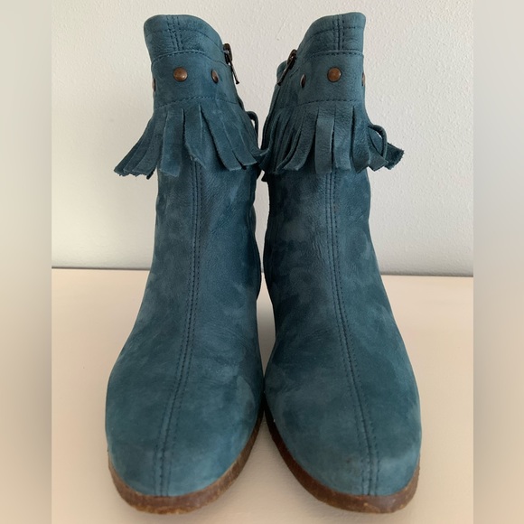 Arche • Tikhal Teal Fringe Leather Wedge Ankle Boots Size 37 / 6.5 - Picture 2 of 12